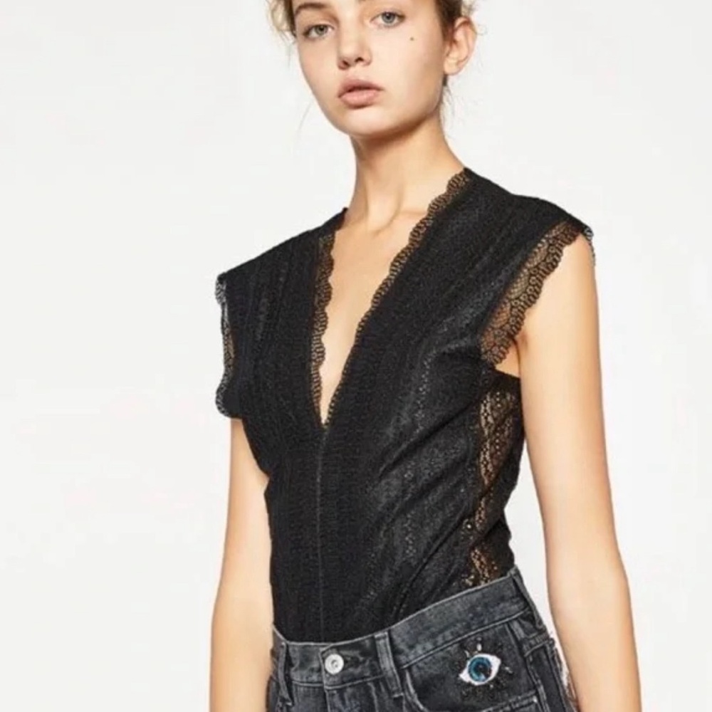 Zara Black Lace Bodysuit Size M - Picture 8 of 9